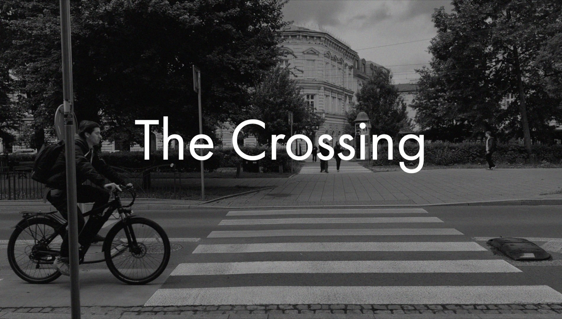 Still from The Crossing, a black and white video work